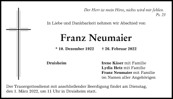 Traueranzeige von Franz Neumaier von Donauwörther Zeitung