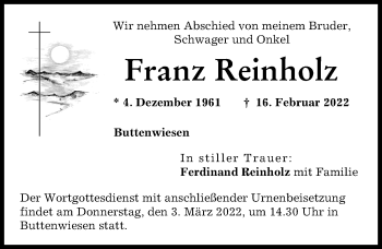 Traueranzeige von Franz Reinholz von Wertinger Zeitung