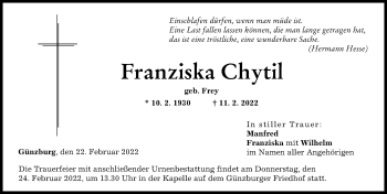 Traueranzeige von Franziska Chytil von Günzburger Zeitung