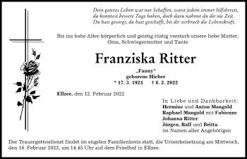 Traueranzeige von Franziska Ritter von Mittelschwäbische Nachrichten, Günzburger Zeitung