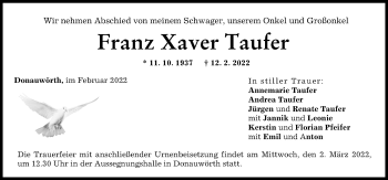 Traueranzeige von Franz Xaver Taufer von Donauwörther Zeitung