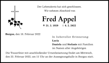 Traueranzeige von Fred Appel von Günzburger Zeitung