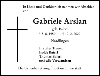 Traueranzeige von Gabriele Arslan von Rieser Nachrichten