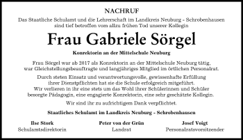 Traueranzeige von Gabriele Sörgel von Neuburger Rundschau