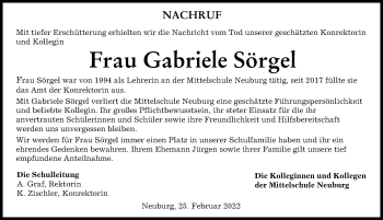 Traueranzeige von Gabriele Sörgel von Neuburger Rundschau