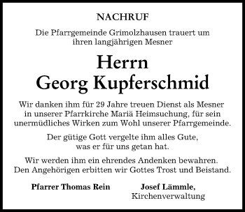Traueranzeige von Georg Kupferschmid von Aichacher Nachrichten