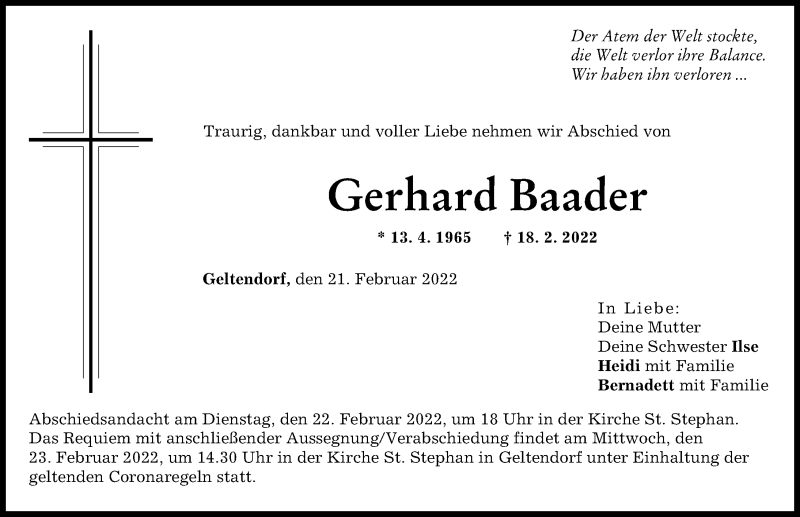  Traueranzeige für Gerhard Baader vom 21.02.2022 aus Landsberger Tagblatt