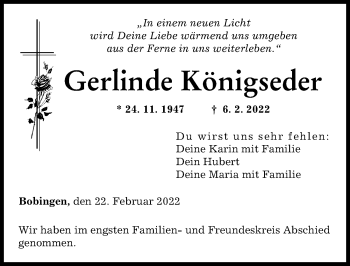 Traueranzeige von Gerlinde Königseder von Augsburger Allgemeine