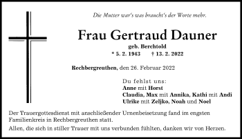 Traueranzeige von Gertraud Dauner von Günzburger Zeitung