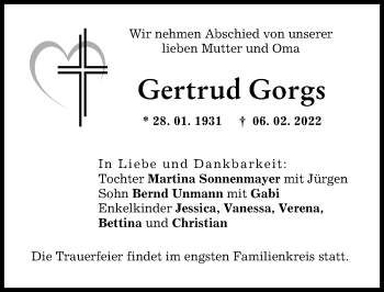 Traueranzeige von Gertrud Gorgs von Augsburg-Land