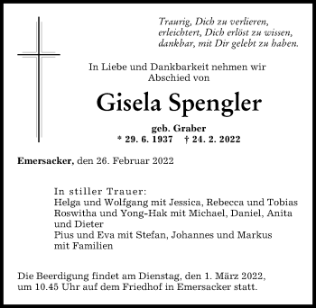 Traueranzeige von Gisela Spengler von Wertinger Zeitung, Augsburger Allgemeine