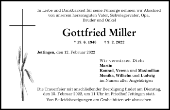 Traueranzeige von Gottfried Miller von Günzburger Zeitung