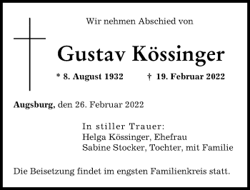 Traueranzeige von Gustav Kössinger von Augsburger Allgemeine