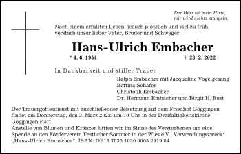 Traueranzeige von Hans-Ulrich Embacher von Augsburger Allgemeine