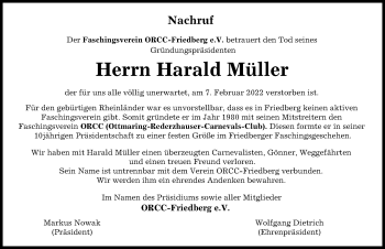 Traueranzeige von Harald Müller von Friedberger Allgemeine