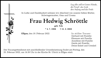 Traueranzeige von Hedwig Schröttle von Augsburg-Land