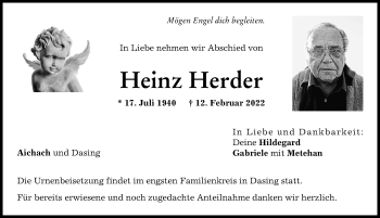 Traueranzeige von Heinz Herder von Friedberger Allgemeine, Aichacher Nachrichten