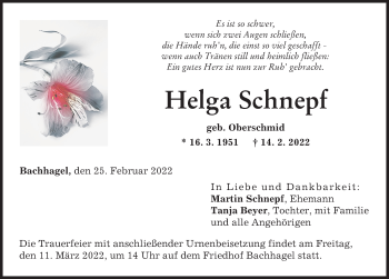 Traueranzeige von Helga Schnepf von Donau Zeitung