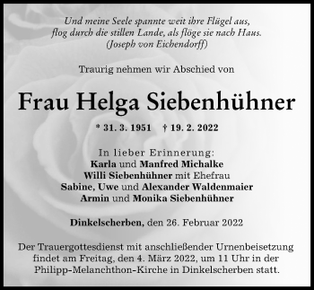 Traueranzeige von Helga Siebenhühner von Augsburg-Land