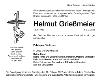Traueranzeige von Helmut Grießmeier von Rieser Nachrichten