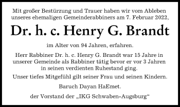 Traueranzeige von Henry G. Brandt von Augsburger Allgemeine