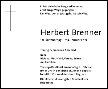 Traueranzeige von Herbert Brenner von Augsburger Allgemeine, Neu-Ulmer Zeitung