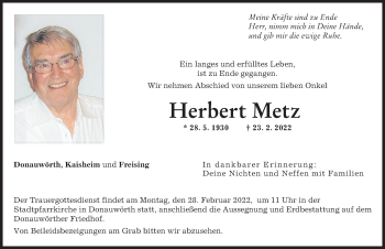 Traueranzeige von Herbert Metz von Donauwörther Zeitung