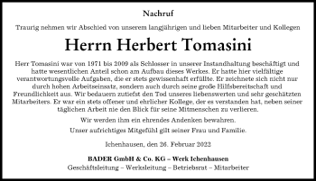 Traueranzeige von Herbert Tomasini von Günzburger Zeitung
