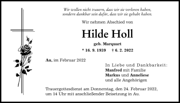 Traueranzeige von Hilde Holl von Illertisser Zeitung