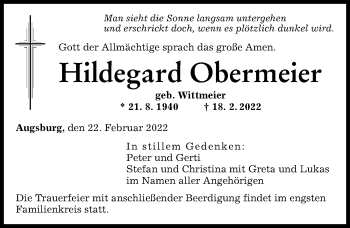 Traueranzeige von Hildegard Obermeier von Augsburger Allgemeine