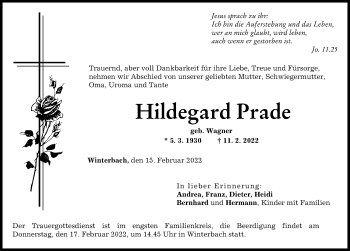 Traueranzeige von Hildegard Prade von Günzburger Zeitung
