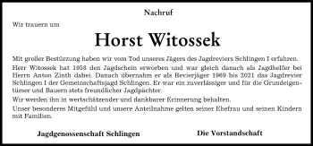 Traueranzeige von Horst Witossek von Augsburger Allgemeine, Mindelheimer Zeitung