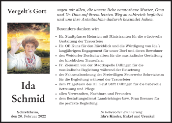 Traueranzeige von Ida Schmid von Donau Zeitung