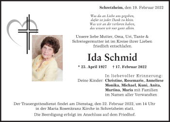 Traueranzeige von Ida Schmid von Donau Zeitung