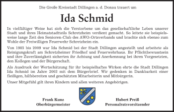 Traueranzeige von Ida Schmid von Donau Zeitung