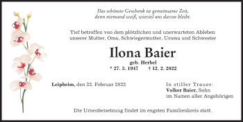 Traueranzeige von Ilona Baier von Günzburger Zeitung