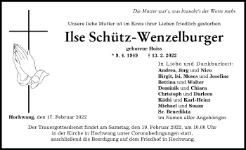Traueranzeige von Ilse Schütz-Wenzelburger von Günzburger Zeitung