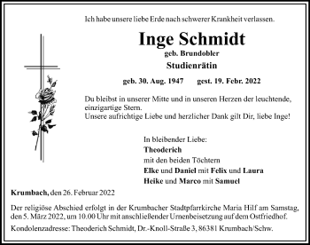 Traueranzeige von Inge Schmidt von Mittelschwäbische Nachrichten
