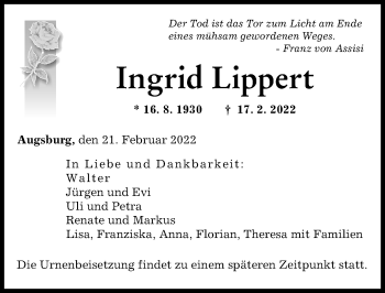 Traueranzeige von Ingrid Lippert von Augsburger Allgemeine