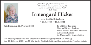 Traueranzeige von Irmengard Hicker von Friedberger Allgemeine, Augsburger Allgemeine