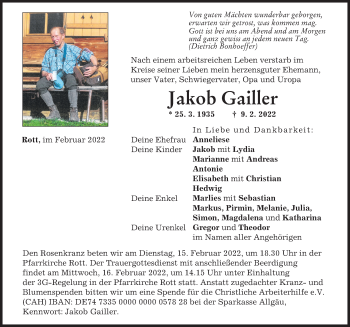 Traueranzeige von Jakob Gailler von Landsberger Tagblatt