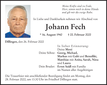 Traueranzeige von Johann Fech von Donau Zeitung