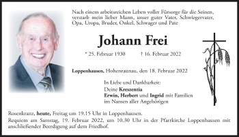 Traueranzeige von Johann Frei von Mindelheimer Zeitung