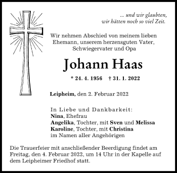Traueranzeige von Johann Haas von Günzburger Zeitung