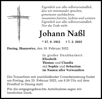 Traueranzeige von Johann Naß von Friedberger Allgemeine, Aichacher Nachrichten