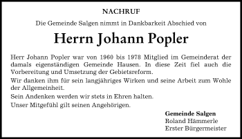 Traueranzeige von Johann Popler von Mindelheimer Zeitung