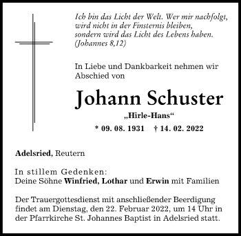 Traueranzeige von Johann Schuster von Augsburg-Land