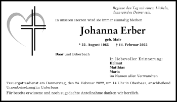 Traueranzeige von Johanna Erber von Augsburg-Land, Aichacher Nachrichten