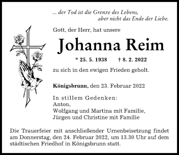 Traueranzeige von Johanna Reim von Augsburger Allgemeine