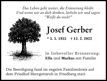Traueranzeige von Josef Gerber von Friedberger Allgemeine